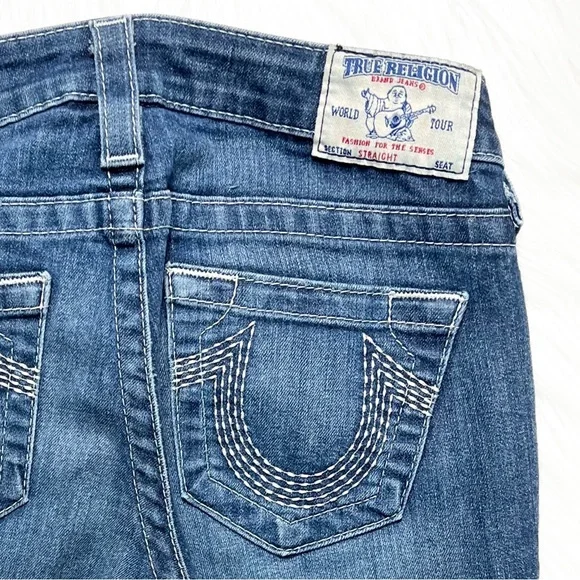 True Religion Straight Leg Low Rise Medium Wash Logo Embroidered Jeans - Picture 6 of 10